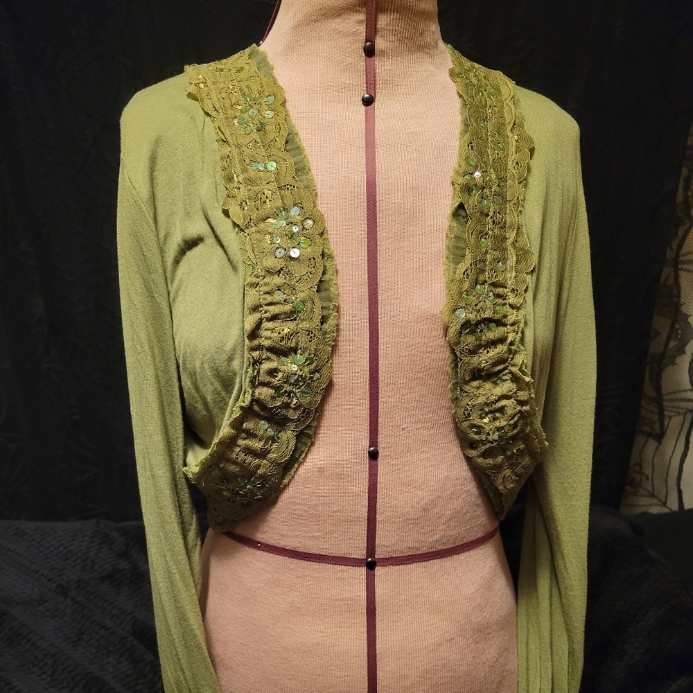 Vtg Y2K Harley Davidson olive green sequins lace long sleeve bolero shrug L NWT - Picture 10 of 16